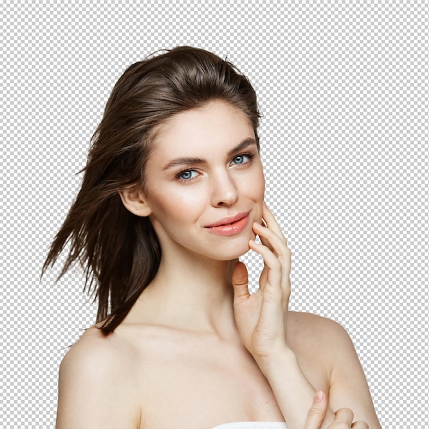 Bela mulher morena com pele saudável e fresca e cabelo voador sorrindo rosto tocante
