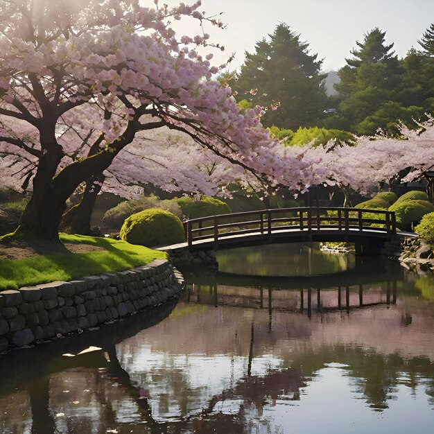 PSD bela paisagem de jardim de flores de cerejeira