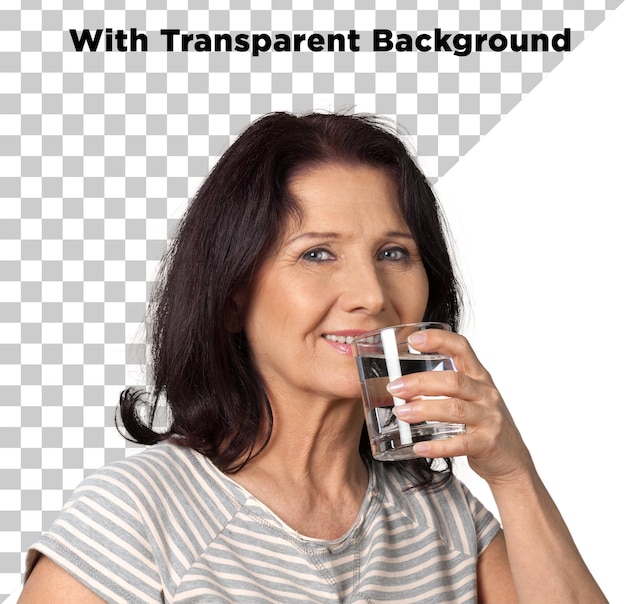 Bela senhora sorridente segurando um copo de água Fotografia média Isolado Fundo transparente