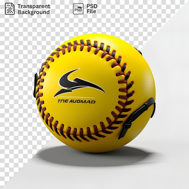 PSD bela vista de um softball amarelo com um logotipo preto e sombra sobre um fundo branco