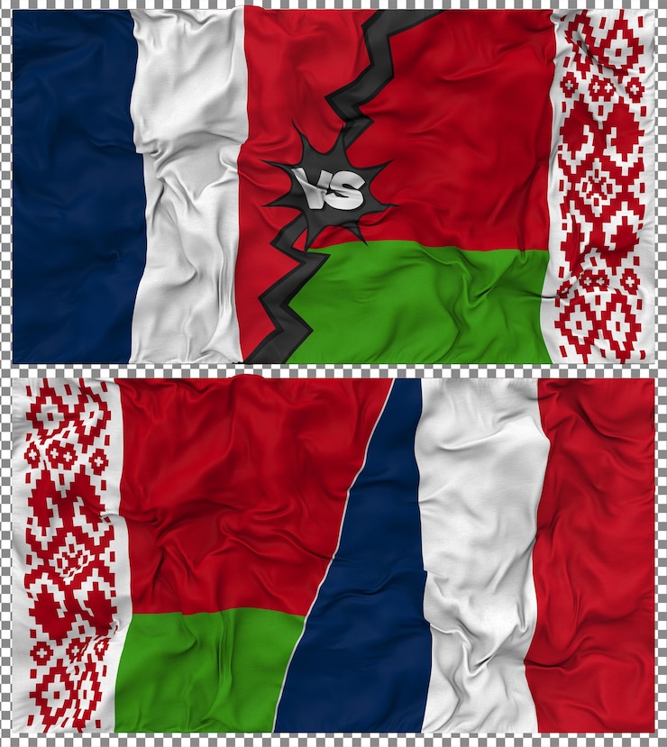 PSD belarus vs france half combined flag cloth bump texture 3d rendering