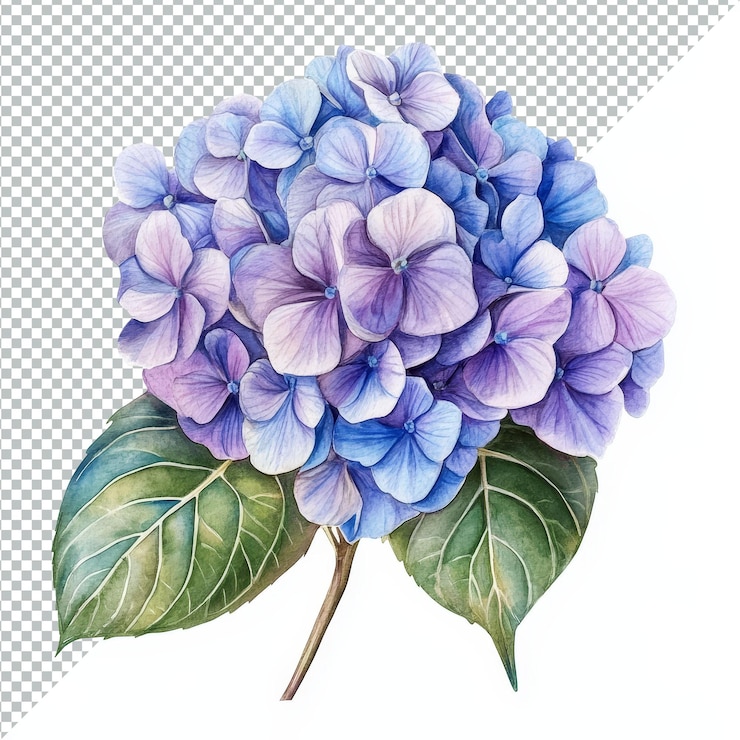 PSD belas flores de hortênsia aquareladas com delicadas tonalidades roxas e azuis isoladas em um fundo transparente flores de hortênsias isoladas em fundo transparente