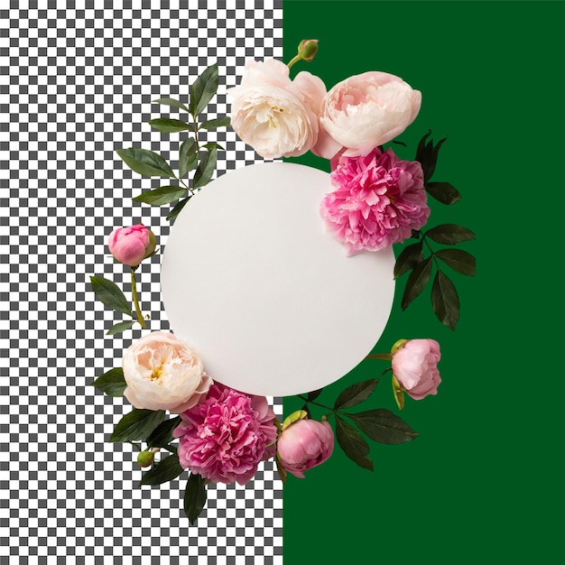 Belas Peônias Rosa e Folhas Desenho de Quadro de Círculo em fundo transparente png psd