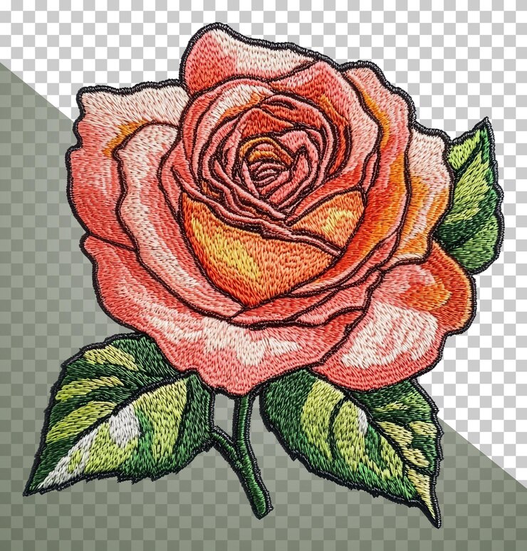 PSD belas rosas rosas bordadas com folhas verdes cortadas em stock png