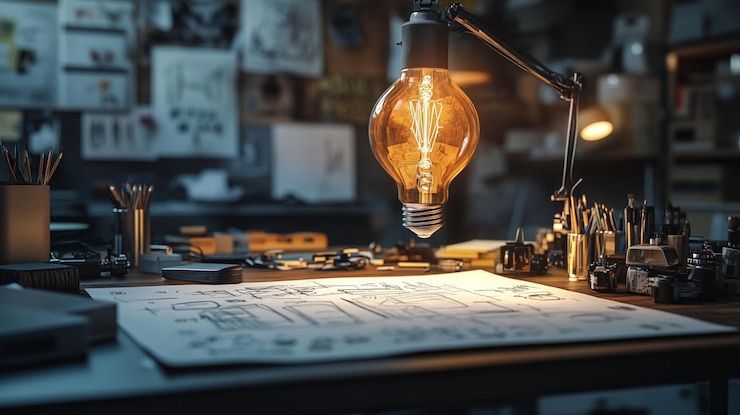 PSD beleuchtete baupläne auf einem unordentlichen werkstattschreibtisch, der von einer edison-glanzlampe beleuchtet wird