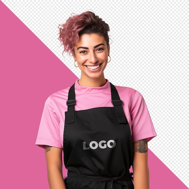 PSD beleza cabeleireira mulher camiseta avental sorridente cozinheiro cozinheiro transparente árabe cabeleireiro barbeiro mockup