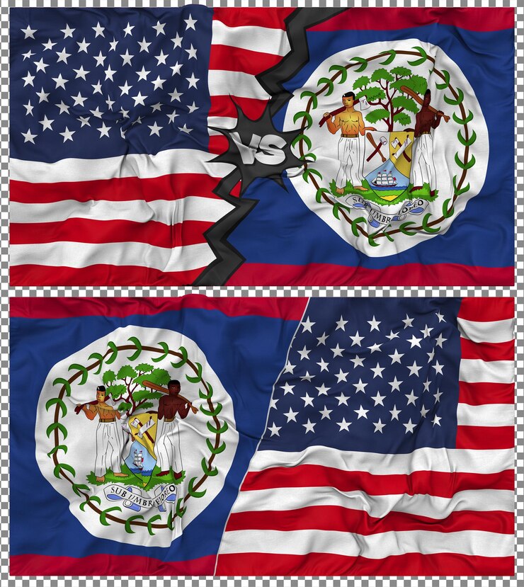 PSD belice contra los estados unidos media bandera combinada tela textura de golpe relación bilateral renderizado en 3d