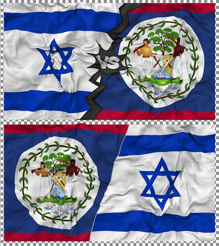 PSD belice contra israel media bandera combinada con textura 3d de la tela de la bandera