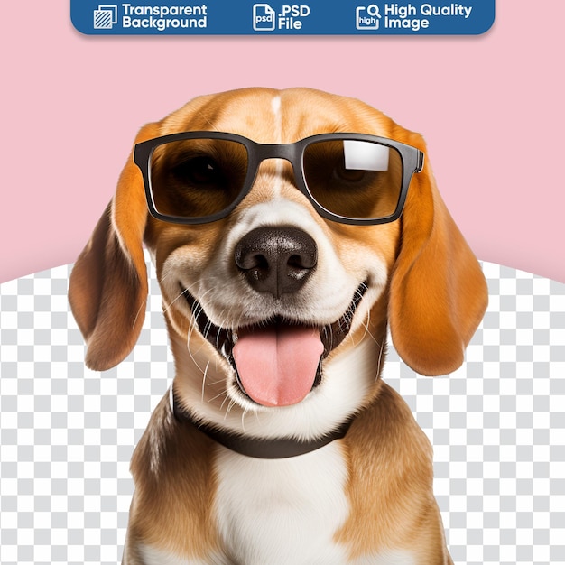 PSD belíssimo beagle feliz e pronto para a praia de verão um close-up com óculos de sol