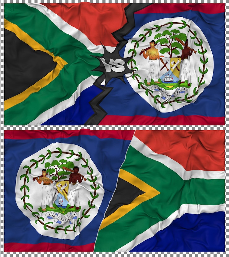 PSD belize vs áfrica do sul meia bandeira combinada textura de tecido de bump 3d rendering