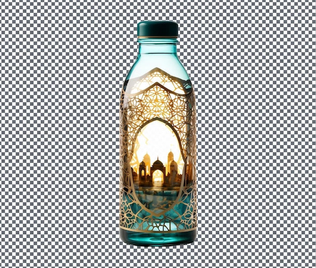 PSD bella botella de agua con tema de ramadán aislada sobre un fondo transparente