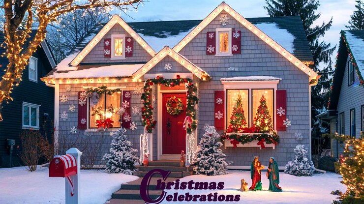 PSD bella casa e albero di natale decorati