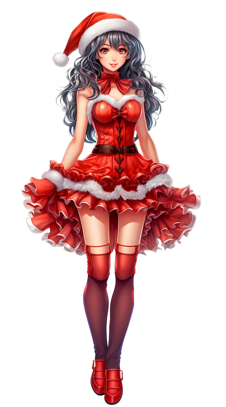 PSD bella chica de anime con el pelo largo y negro en un festivo vestido de navidad rojo y blanco acompañado de un sombrero de papá noel