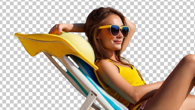 Bella chica con gafas de sol relajándose en una silla de playa aislada en blanco