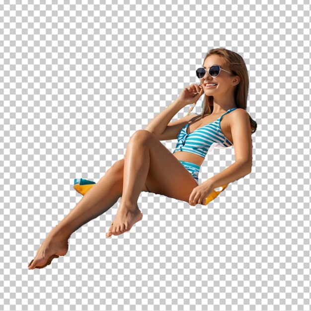 PSD bella chica con gafas de sol relajándose en una silla de playa aislada en blanco