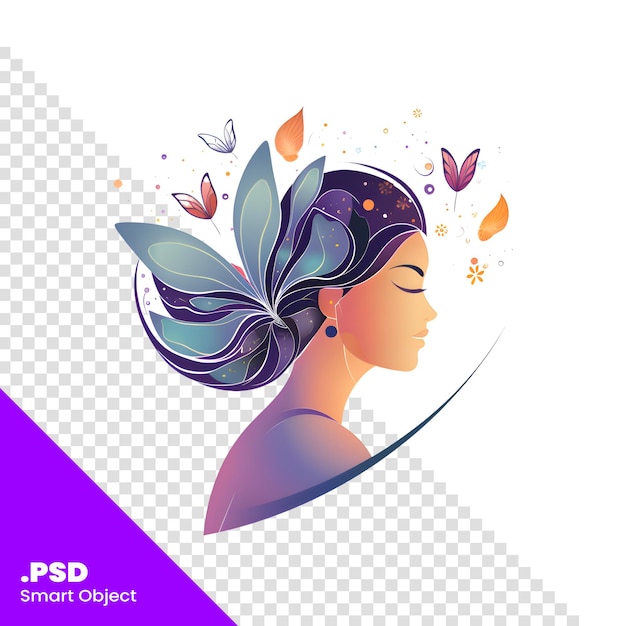 PSD bella chica con mariposas en el cabello plantilla psd de ilustración vectorial