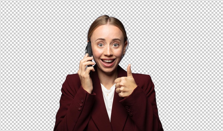 PSD bella donna d'affari che usa uno smartphone