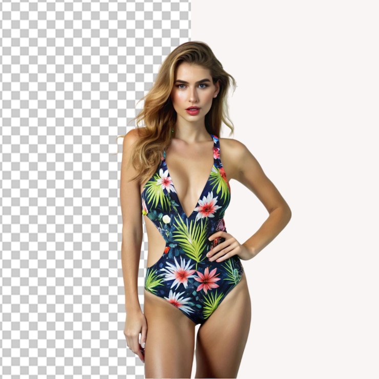 PSD bella donna in costume da bagno su sfondo trasparente