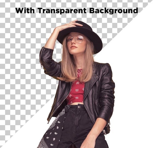 Bella e elegante modella femminile in cappello PNG PSD isolata su uno sfondo trasparente