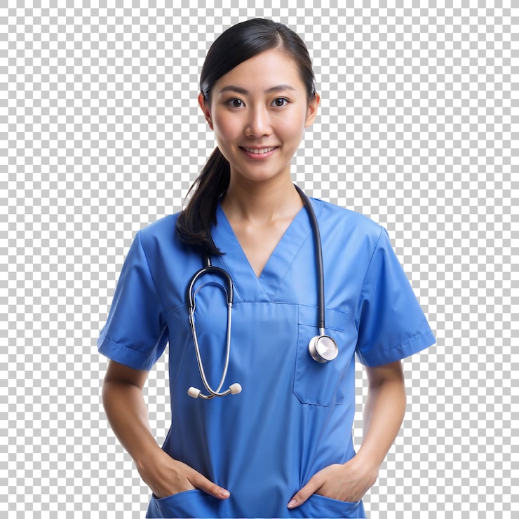 PSD bella enfermera asiática con uniforme médico y estetoscopio aislado