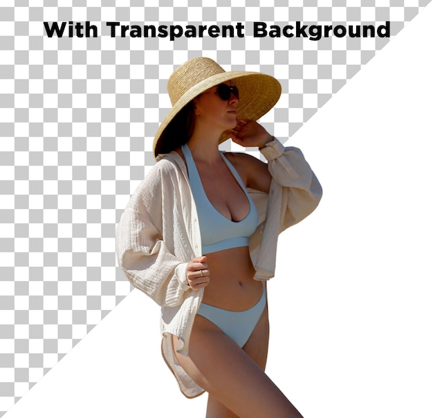 Bella modella in bikini per le riprese estive in spiaggia PNG PSD isolata su uno sfondo trasparente