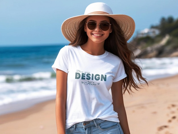 PSD bella modelo de chica con una camiseta blanca mockup con un lujoso fondo de la ciudad de pie