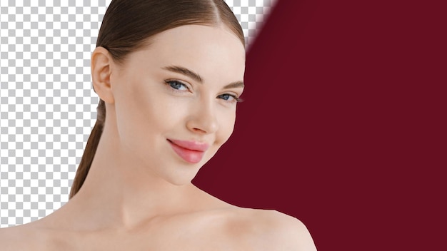 Bella mujer cara labios rosados maquillaje natural belleza saludable ojos de niña aislados en blanco