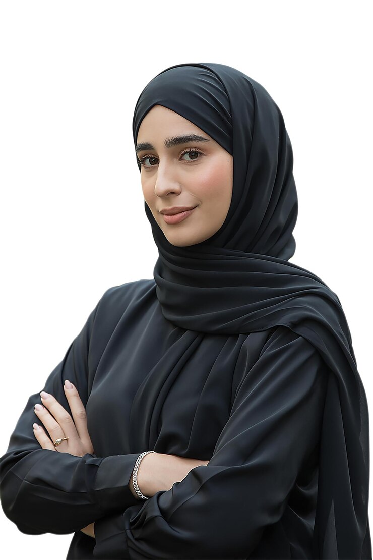 PSD bella mujer con hijab negro con los brazos cruzados en un fondo transparente
