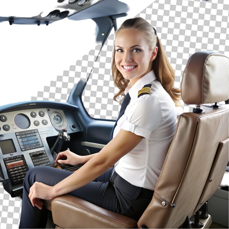 PSD bella mujer joven en la cabina de un avión volando