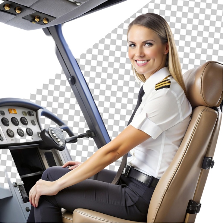 PSD bella mujer joven en la cabina de un avión volando