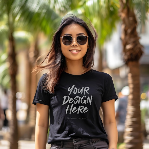 PSD bella mujer joven con camiseta negra psd mockup perfecto para las vacaciones de verano