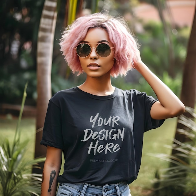 Bella mujer joven con camiseta negra psd mockup perfecto para las vacaciones de verano