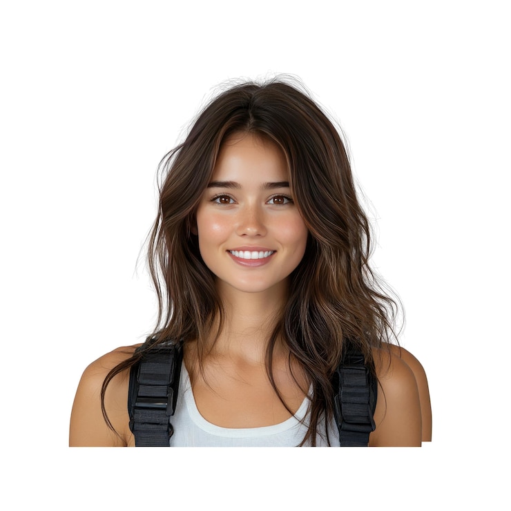 PSD bella mujer joven sonriendo al aire libre con una mochila