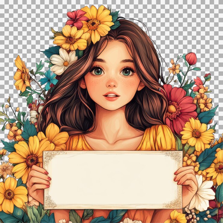 PSD bella ragazza con fiori vivaci attorno a lei che tiene un banner sticker clipart illustrazione su uno sfondo trasparente