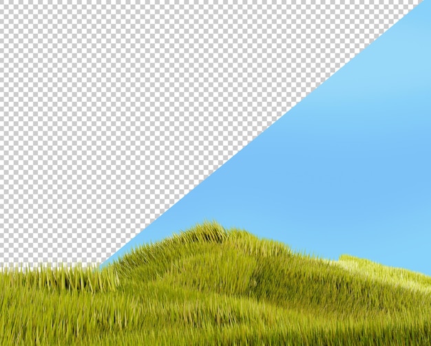 Bella valle con le colline rendering 3d Sfondo di Pasqua Campo di erba verde Paesaggio di un prato