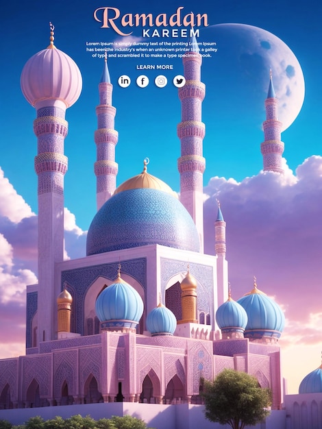 PSD belle bannière ramadan kareem design et mosquée de style 3d avec festival de saison