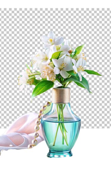 PSD une belle bouteille de parfum décorée de fleurs isolées sur fond blanc