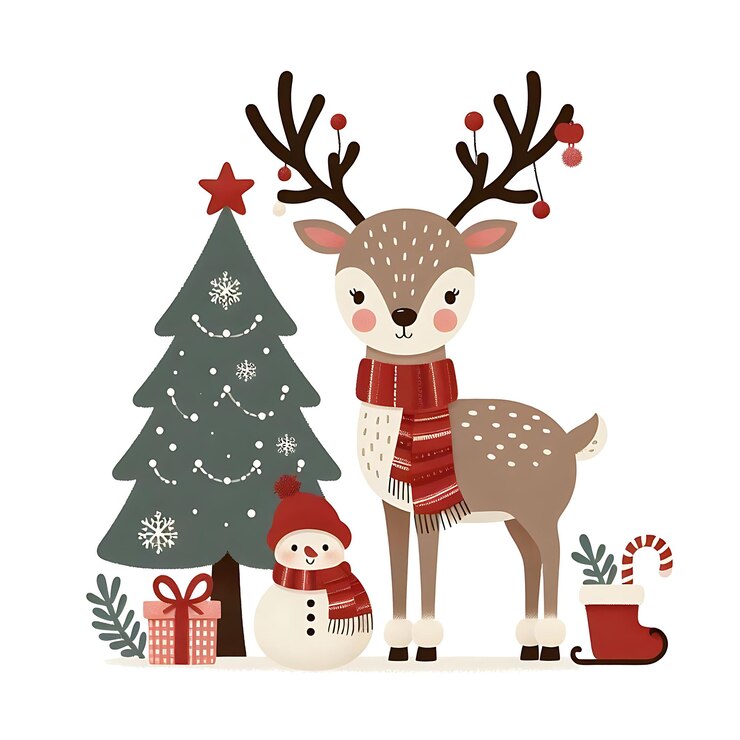 PSD belle caricature de cerf de noël avec une boîte cadeau d'arbre olaf et une chaussette