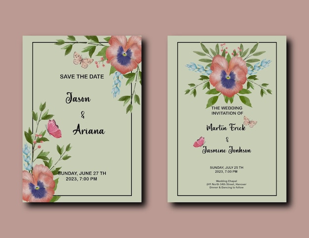 PSD belle carte d'invitation de mariage avec floral et feuilles aquarelle scénographie