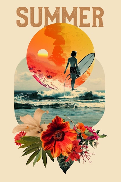 PSD belle composition de collage d'été design de t-shirt illustration vintage art des médias mixtes art d'été