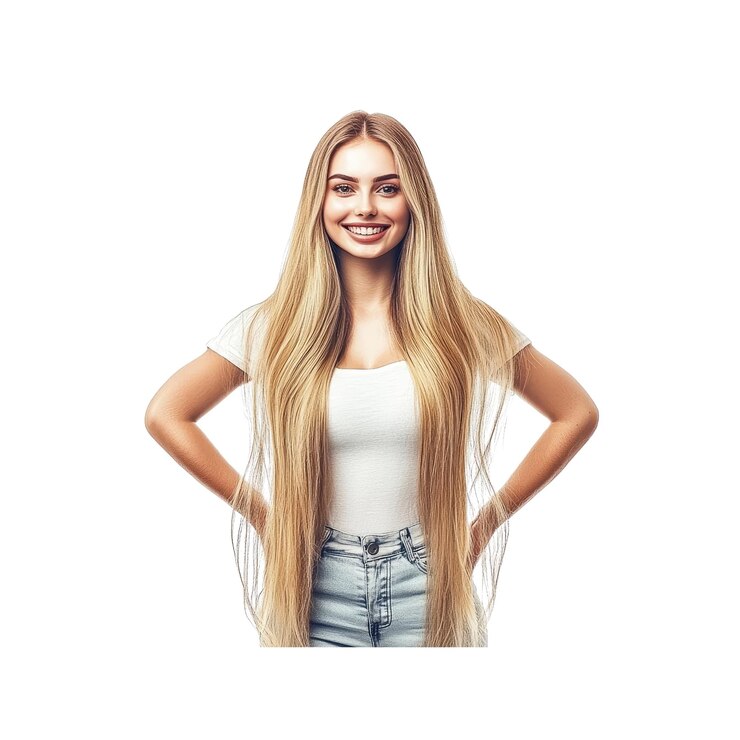 PSD une belle femme blonde aux cheveux longs souriante