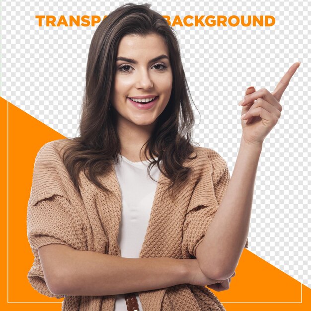 belle femme pointant vers le haut avec un fond transparent