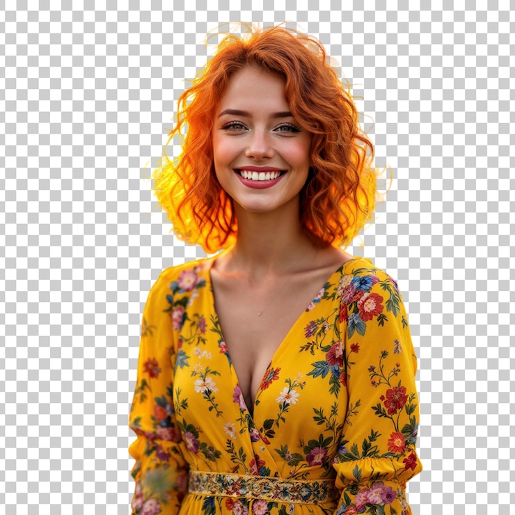 PSD une belle femme en robe à fleurs jaunes