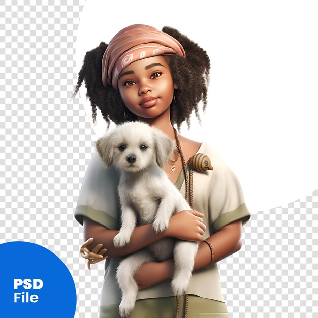 Belle Fille Afro-américaine Avec Un Chien Isolée Sur Fond Blanc Modèle Psd