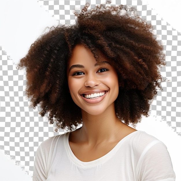 PSD belle fille afro-américaine avec une coiffure afro souriante isolée sur un fond transparent