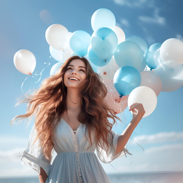 PSD belle fille avec des ballons sur le fond du ciel