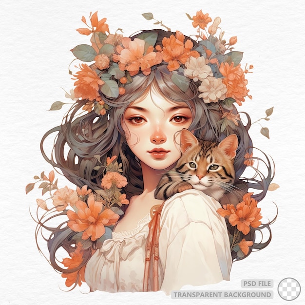 PSD belle fille avec des fleurs et un chat mignon