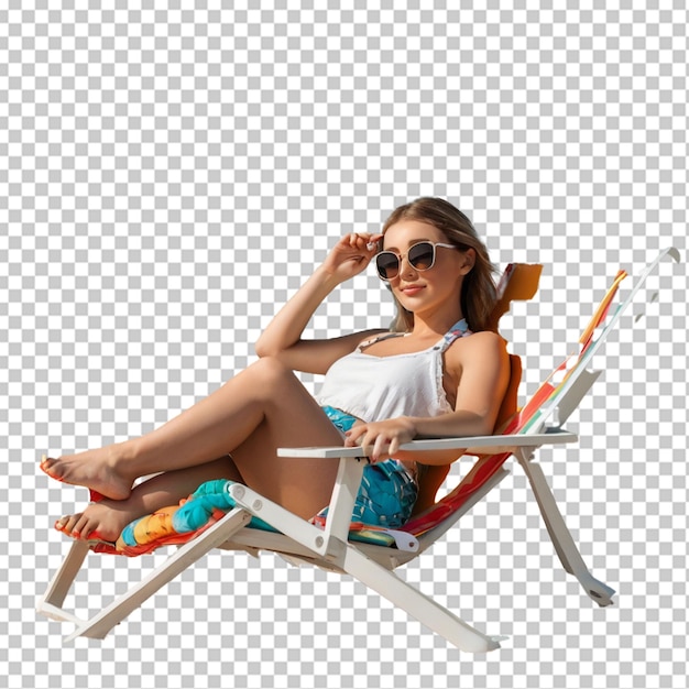 PSD une belle fille en lunettes de soleil se détend sur une chaise de plage isolée sur le blanc