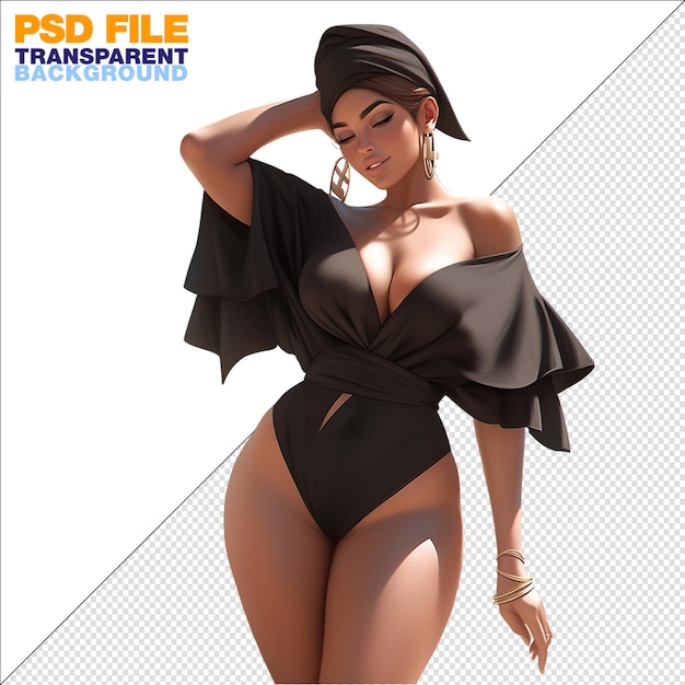 PSD belle fille avec un maillot de bain noir sur un fond transparent