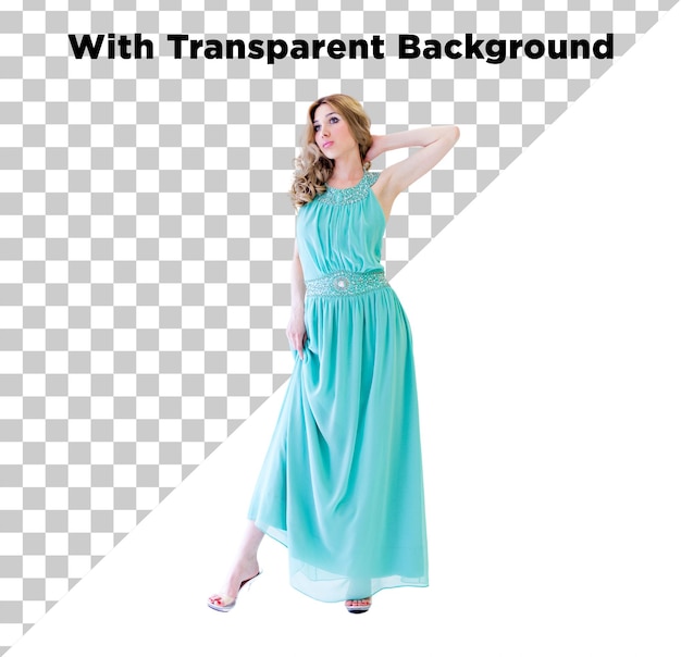Belle fille vêtue d'une robe bleue PNG PSD isolée sur un fond transparent